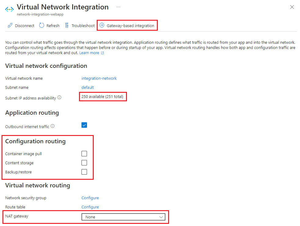Azure portal virtual network integration