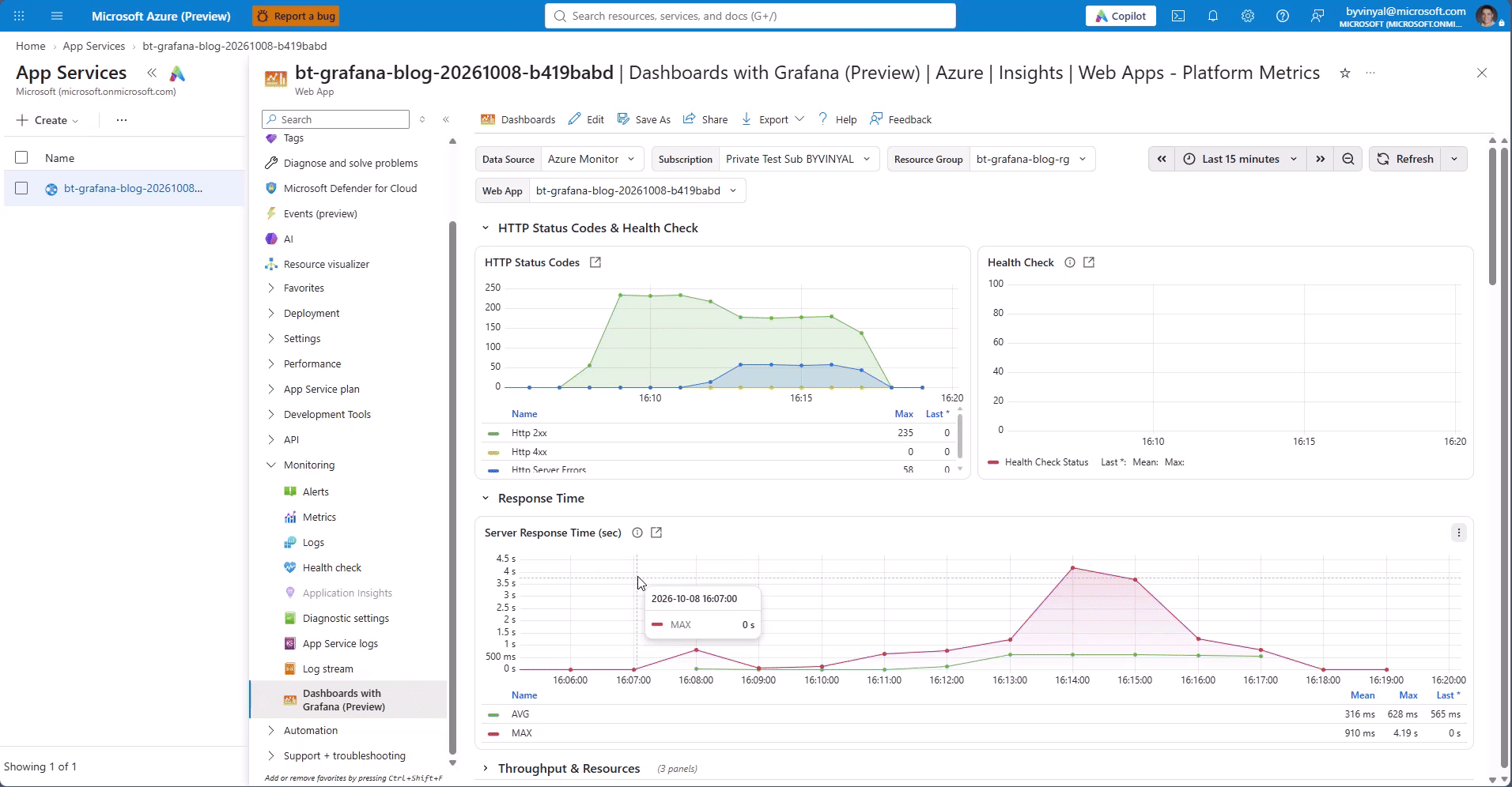 Animated walkthrough from the server response-time panel to the Linux Web App Slow diagnostic experience